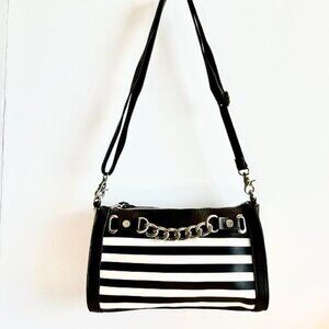 Emma Fox Leather Crossbody or Shoulder Bag  Striped Black & White w Chain Detail